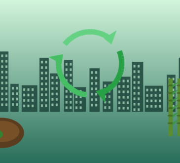 Illustration of recycling arrows over a green city skyline with compost and bamboo, symbolizing circular economy