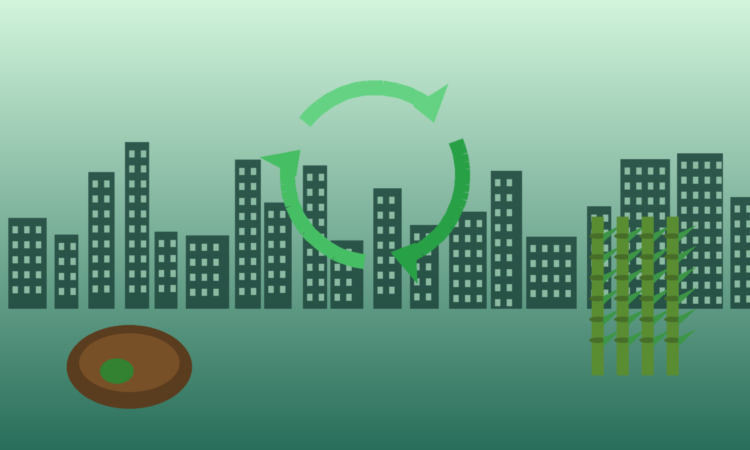 Illustration of recycling arrows over a green city skyline with compost and bamboo, symbolizing circular economy