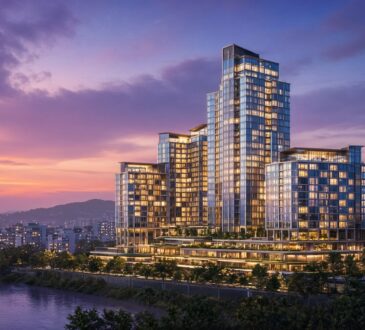 Stylized night city skyline with illuminated modern hotel towers and soft waterfront lights, no people