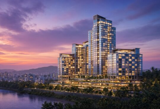 Stylized night city skyline with illuminated modern hotel towers and soft waterfront lights, no people