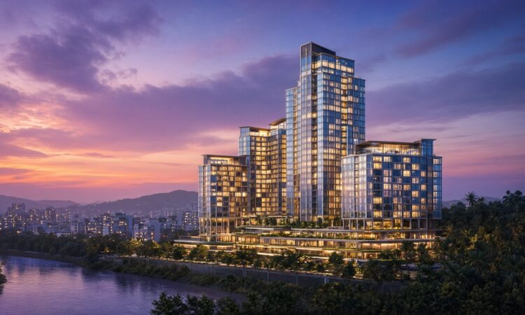 Stylized night city skyline with illuminated modern hotel towers and soft waterfront lights, no people