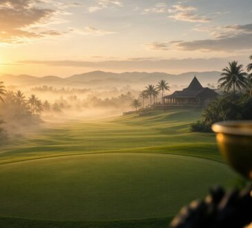 Sunrise golf fairway with flagstick and gold trophy silhouette, no person likeness