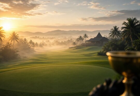 Sunrise golf fairway with flagstick and gold trophy silhouette, no person likeness