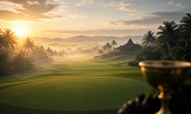 Sunrise golf fairway with flagstick and gold trophy silhouette, no person likeness
