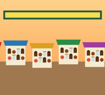 Illustration of colorful MSME market booths displaying coffee, cacao, crafts and regional products