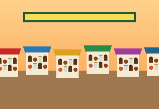 Illustration of colorful MSME market booths displaying coffee, cacao, crafts and regional products