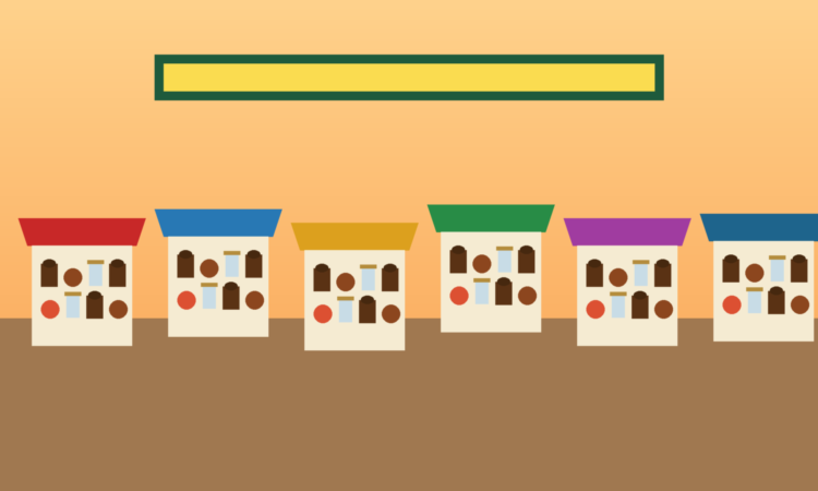 Illustration of colorful MSME market booths displaying coffee, cacao, crafts and regional products