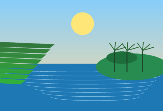 Illustrative Philippine tourism collage with rice terraces silhouette, tropical island and beach under a bright sky