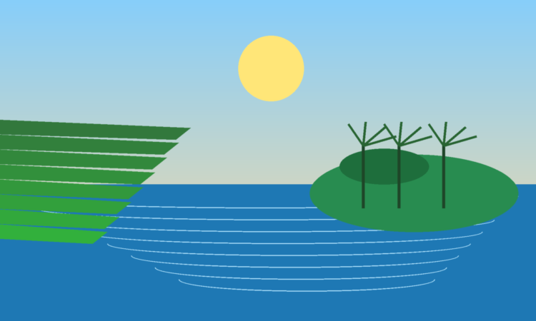 Illustrative Philippine tourism collage with rice terraces silhouette, tropical island and beach under a bright sky