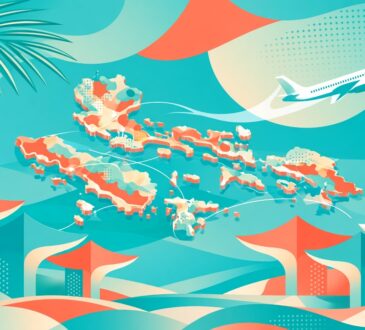 Abstract travel trade expo booths over a stylized Philippines islands map with trade-link nodes, no faces