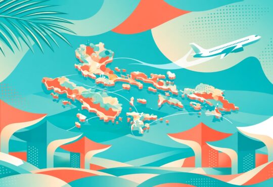 Abstract travel trade expo booths over a stylized Philippines islands map with trade-link nodes, no faces