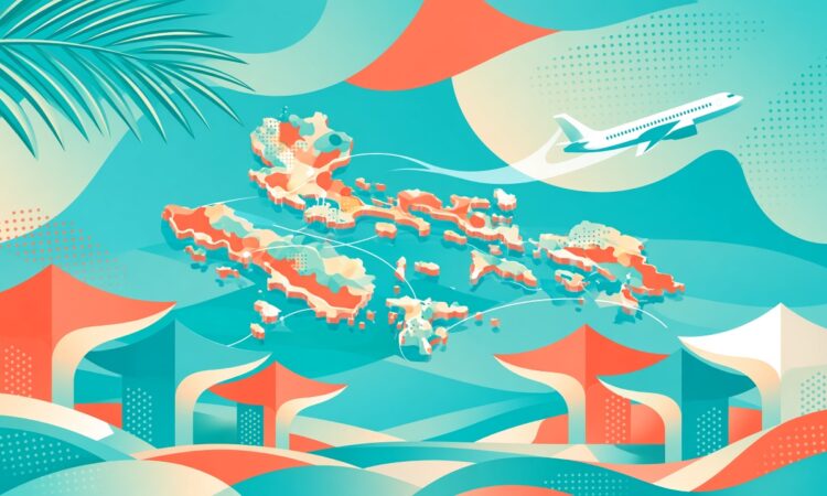 Abstract travel trade expo booths over a stylized Philippines islands map with trade-link nodes, no faces