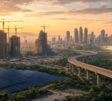 City skyline with construction cranes, a new highway and a solar farm at sunrise
