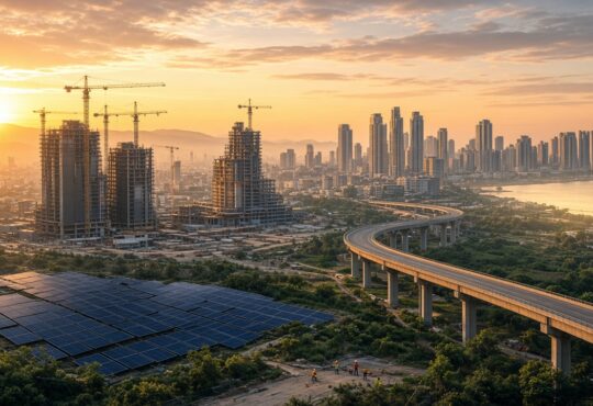 City skyline with construction cranes, a new highway and a solar farm at sunrise