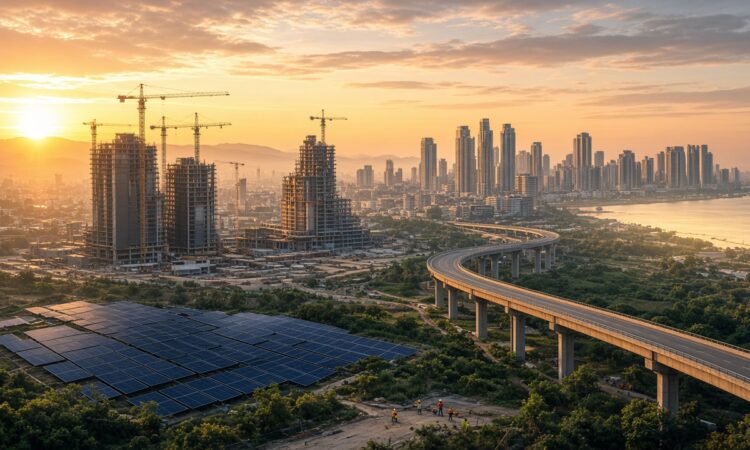 City skyline with construction cranes, a new highway and a solar farm at sunrise
