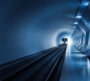 Stylized underground subway tunnel with light at the end and modern metro train silhouette, no people faces