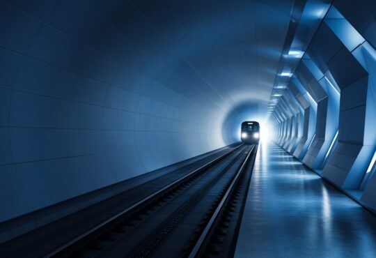 Stylized underground subway tunnel with light at the end and modern metro train silhouette, no people faces