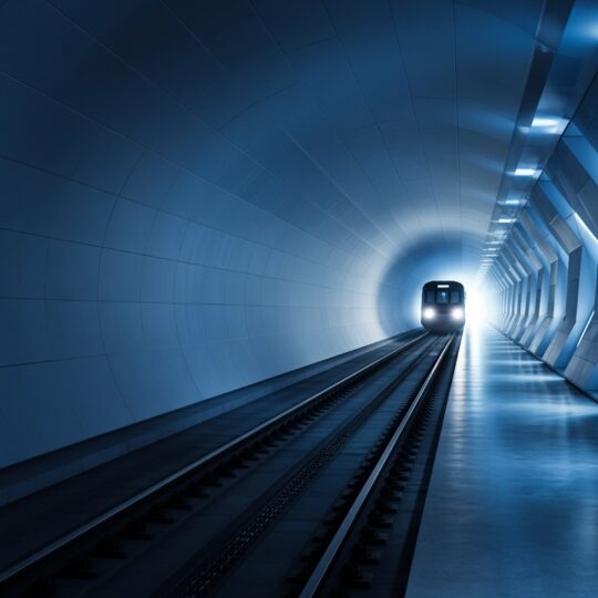 Stylized underground subway tunnel with light at the end and modern metro train silhouette, no people faces