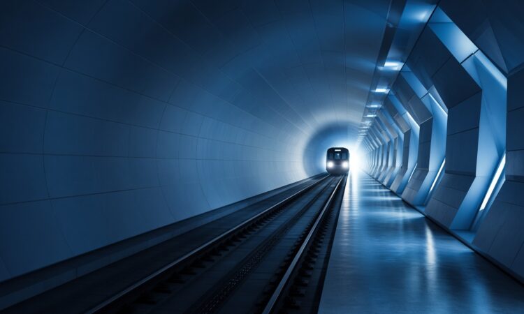 Stylized underground subway tunnel with light at the end and modern metro train silhouette, no people faces