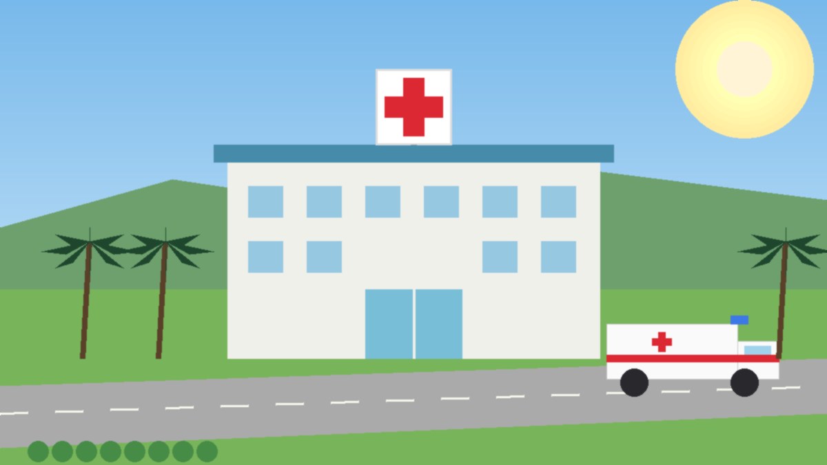 Illustration of a modern two-storey community hospital with a red cross sign, an ambulance and a tree-lined access road under a clear sky