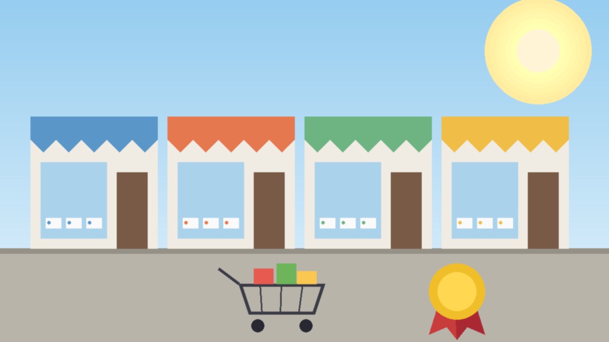 Illustration of a row of neat shops and a supermarket front with price tags, a shopping cart and a gold award ribbon