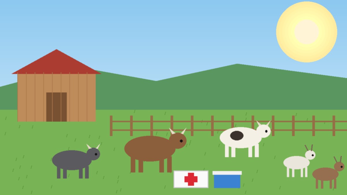 Illustration of a cattle, goats and a carabao grazing on green pastureland beside a small farm shed with a veterinary kit and a medicine cooler