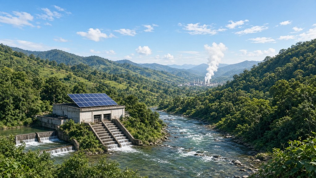 Illustration of a small hydroelectric plant beside a mountain river with solar panels and green highlands