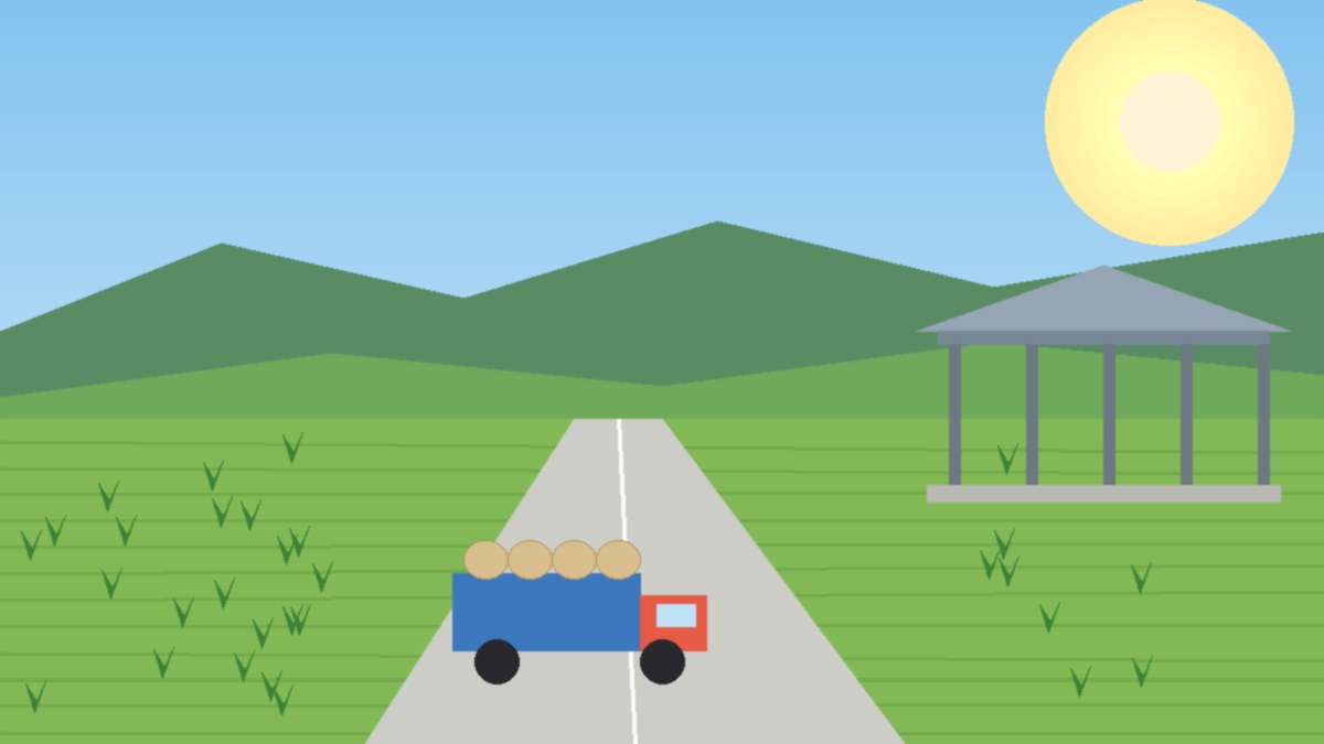 Illustration of a new concrete farm road winding through green Bukidnon fields toward a steel-roofed shed, with a small truck carrying sacks of produce