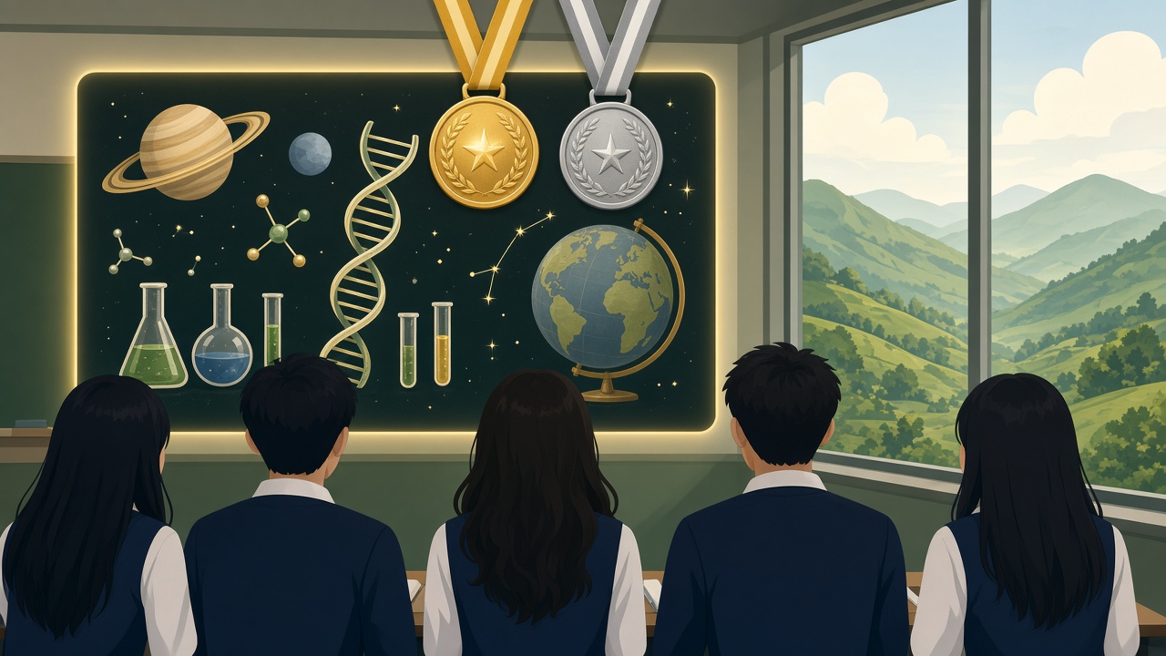 Illustration of students facing a science display with planets, DNA and lab beakers, with medals in the foreground