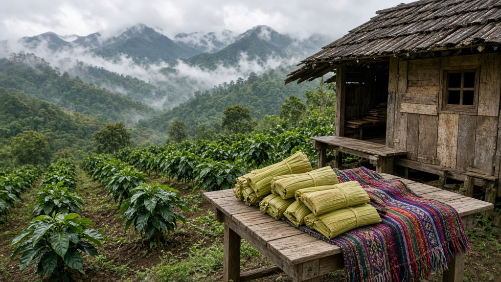 Illustration of a highland nature farm with coffee plants, a wooden roadside coffee hut and green mountains