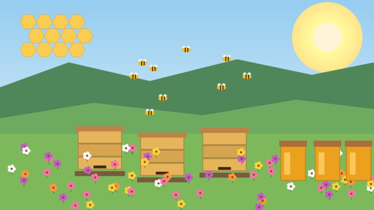 Illustration of wooden beehive boxes among blooming flowers in green Bukidnon hills, with honey jars and a honeycomb pattern