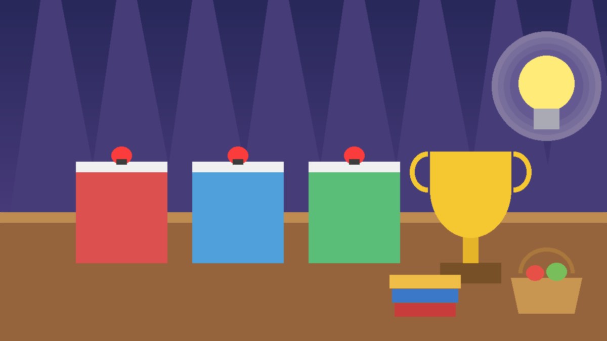 Illustration of three student quiz desks with buzzers on a stage, a gold trophy, stacked books, a shopping basket and a glowing light bulb
