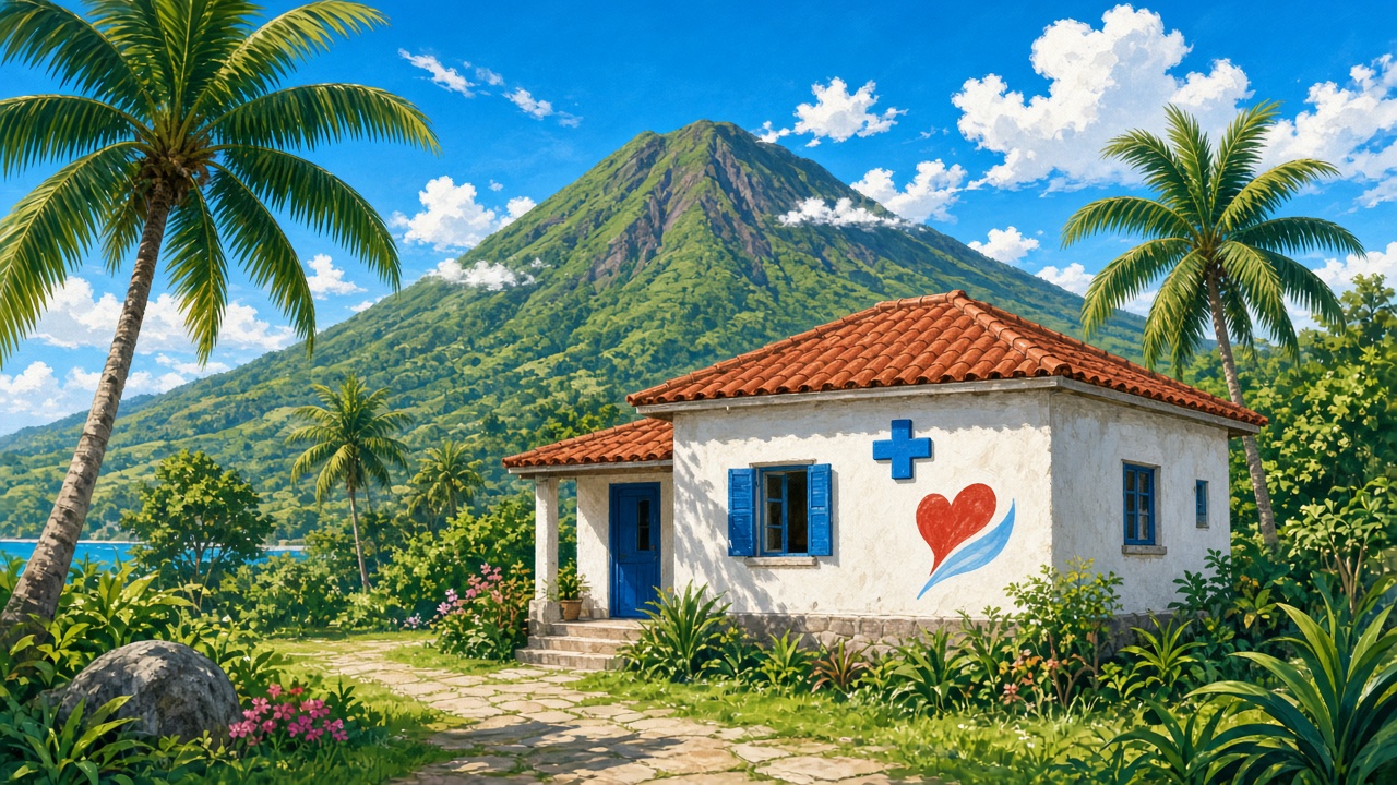 Illustration of a small island health clinic with a volcano and palm trees behind it