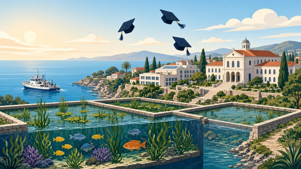 Illustration of a seaside campus with fish ponds, a research boat and graduation caps in the sky