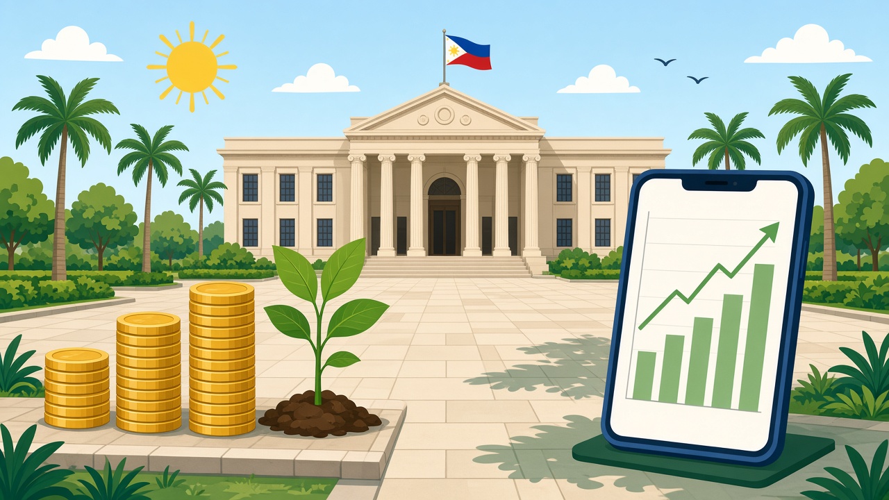 Illustration of coins, a sprouting plant and a phone with a rising chart in front of a city hall
