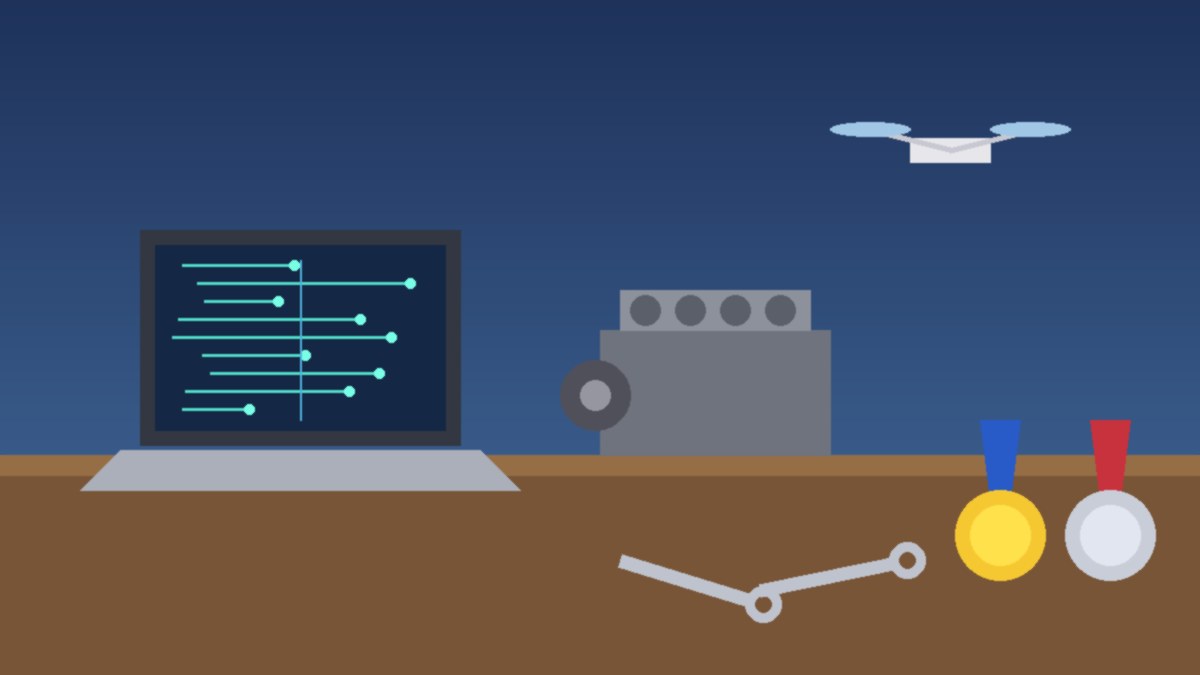 Illustration of a laptop with circuit lines, a car engine on a workbench, wrenches and a small drone beside gold and silver medals