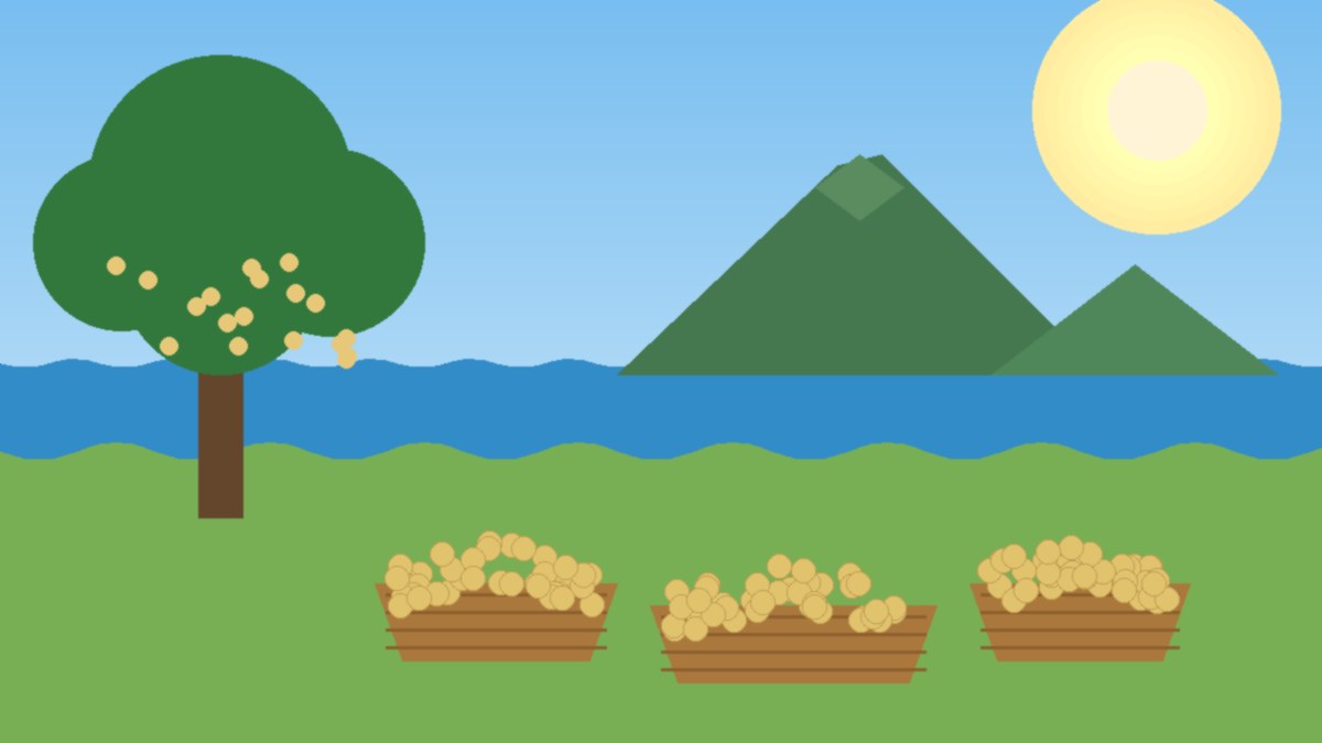 Illustration of baskets overflowing with lanzones fruit under a tree, with a volcano-shaped island and blue sea in the background