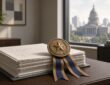 Illustration of a bronze medal on documents in a bright office with a city hall view
