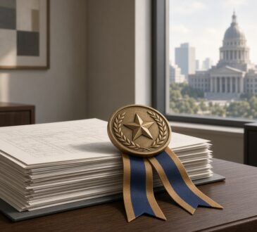 Illustration of a bronze medal on documents in a bright office with a city hall view