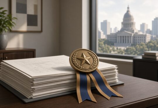 Illustration of a bronze medal on documents in a bright office with a city hall view