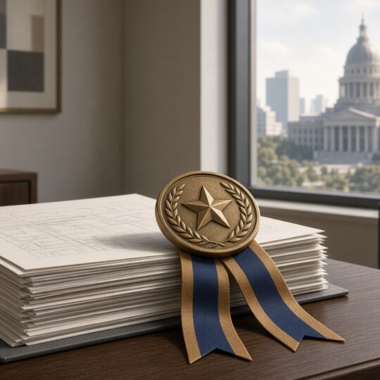 Illustration of a bronze medal on documents in a bright office with a city hall view