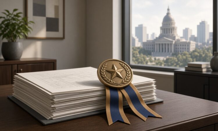 Illustration of a bronze medal on documents in a bright office with a city hall view