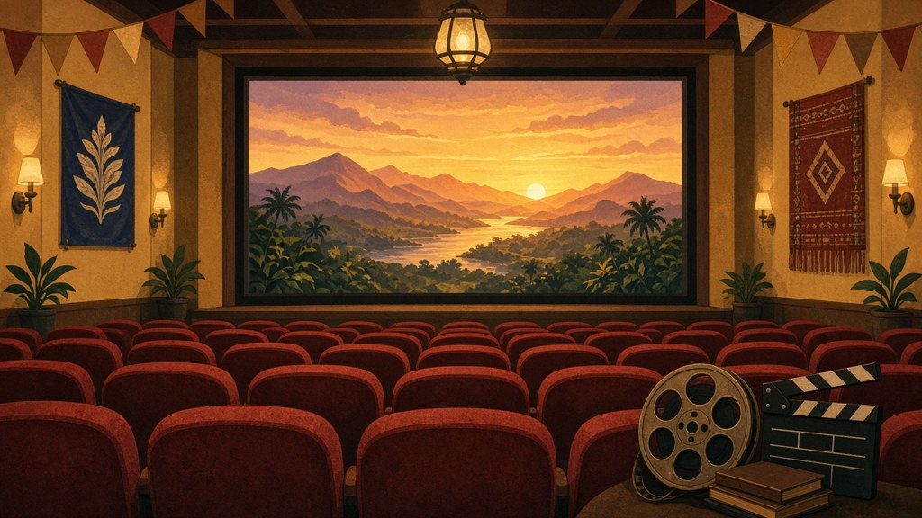 Illustration of a small theater with red seats facing a glowing screen showing mountains and a sunset, with a film reel