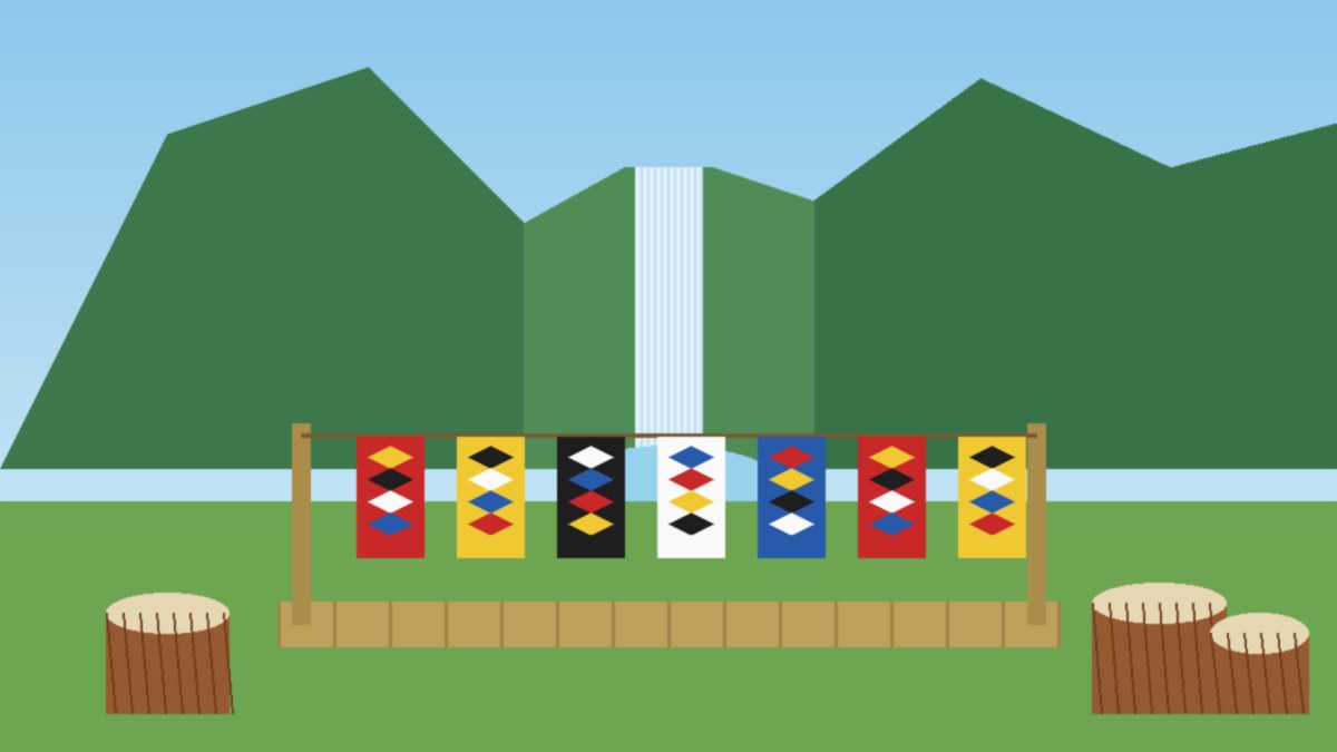 Illustration of a tall waterfall in green mountains with colorful woven banners, native drums and a bamboo stage set for a cultural festival