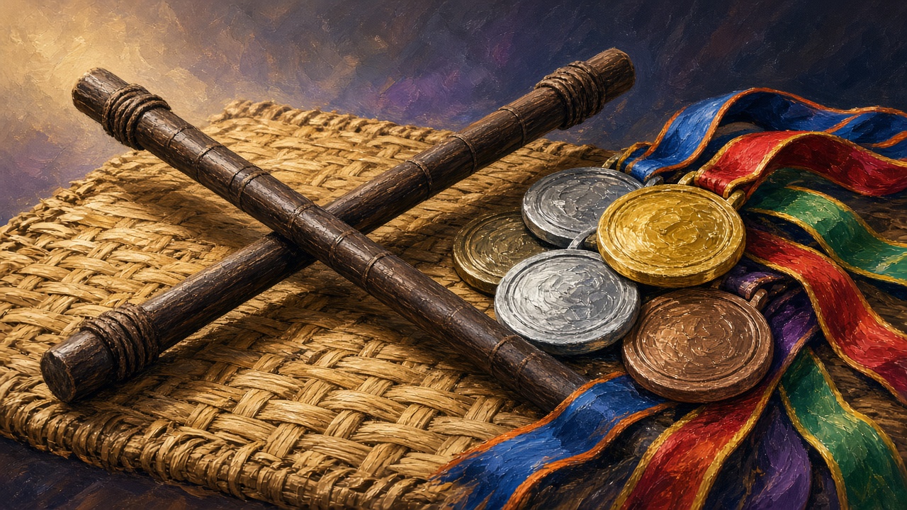 Illustration of crossed rattan arnis sticks with gold, silver and bronze medals on a mat