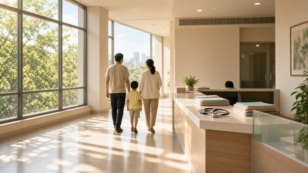 Illustration of a bright hospital lobby with a help desk and a family seen from behind