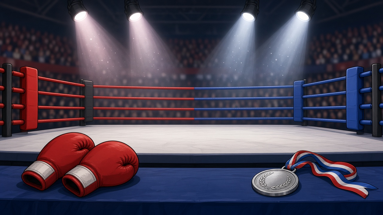Illustration of a boxing ring under spotlights with red gloves and a silver medal on the apron