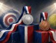 Illustration of silver and bronze medals on a podium with archery and tennis motifs