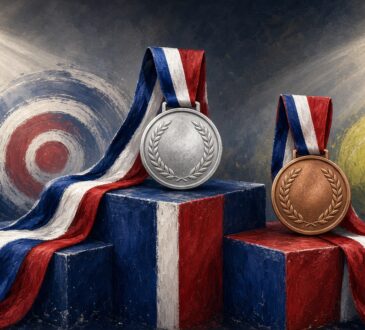 Illustration of silver and bronze medals on a podium with archery and tennis motifs
