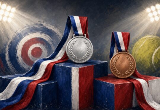 Illustration of silver and bronze medals on a podium with archery and tennis motifs